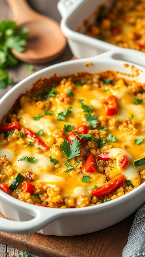 Savory Quinoa Casserole Recipe A baked quinoa casserole with cheese and vegetables, garnished with parsley, in a rustic kitchen setting.